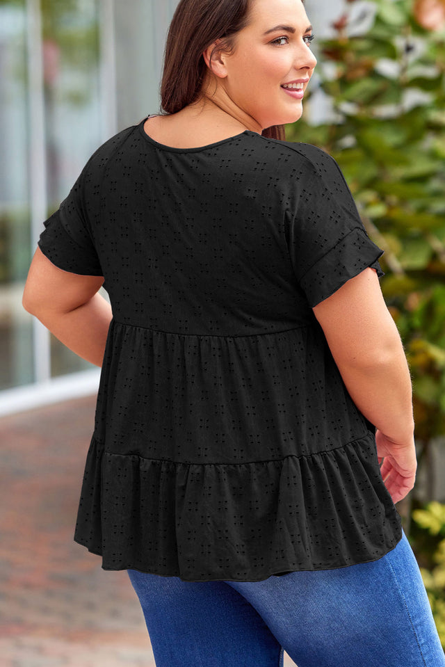Plus Size Eyelet Round Neck Short Sleeve Blouse with Ruffled.