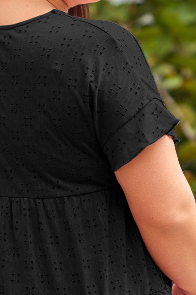Plus Size Eyelet Round Neck Short Sleeve Blouse with Ruffled.