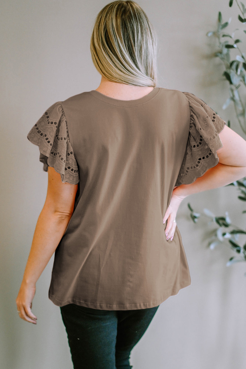Plus Size Eyelet Round Neck Short Sleeve Blouse.