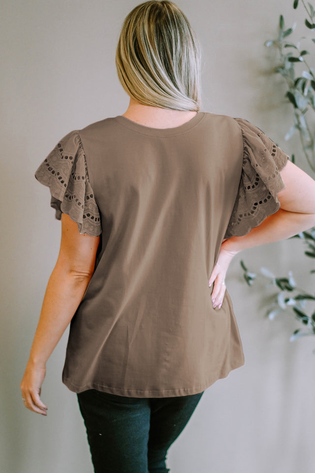 Plus Size Eyelet Round Neck Short Sleeve Blouse.