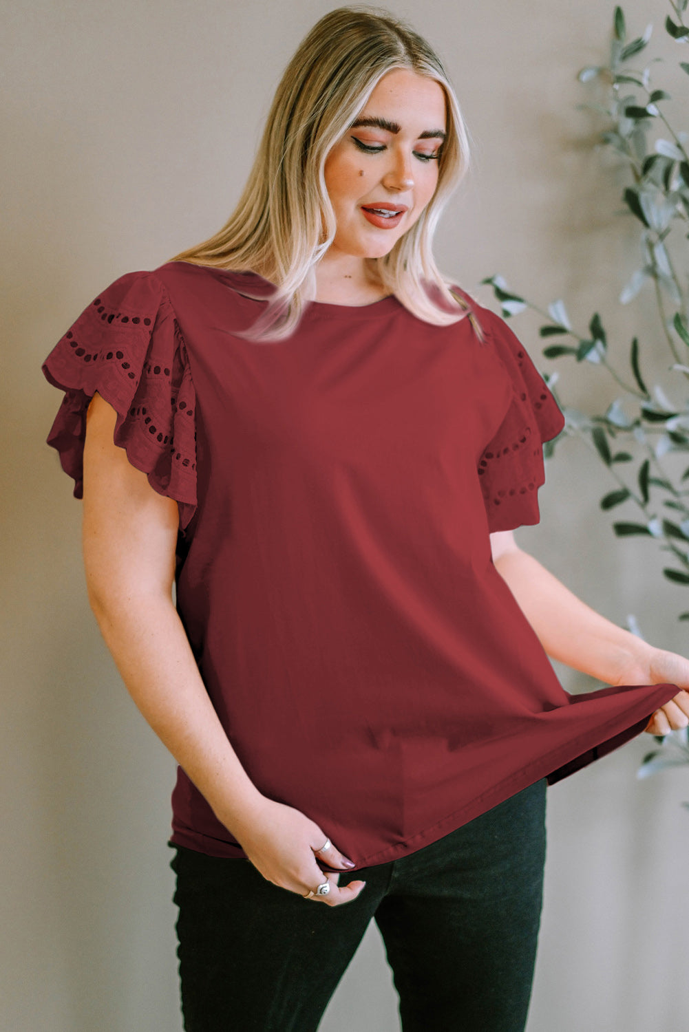 Plus Size Eyelet Round Neck Short Sleeve Blouse.