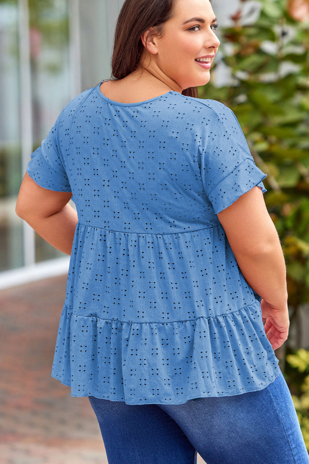 Plus Size Eyelet Round Neck Short Sleeve Blouse with Ruffled.