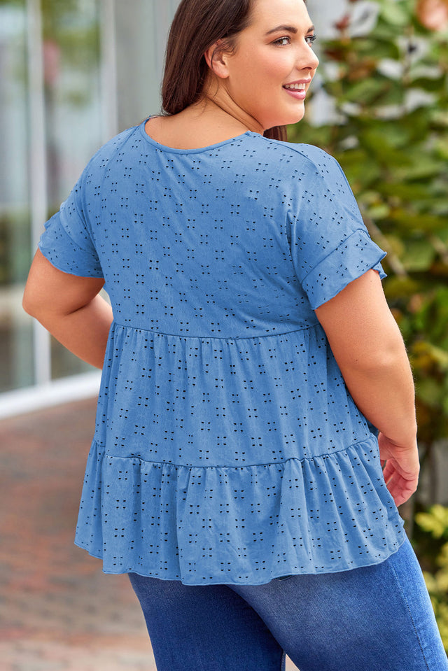 Plus Size Eyelet Round Neck Short Sleeve Blouse with Ruffled.