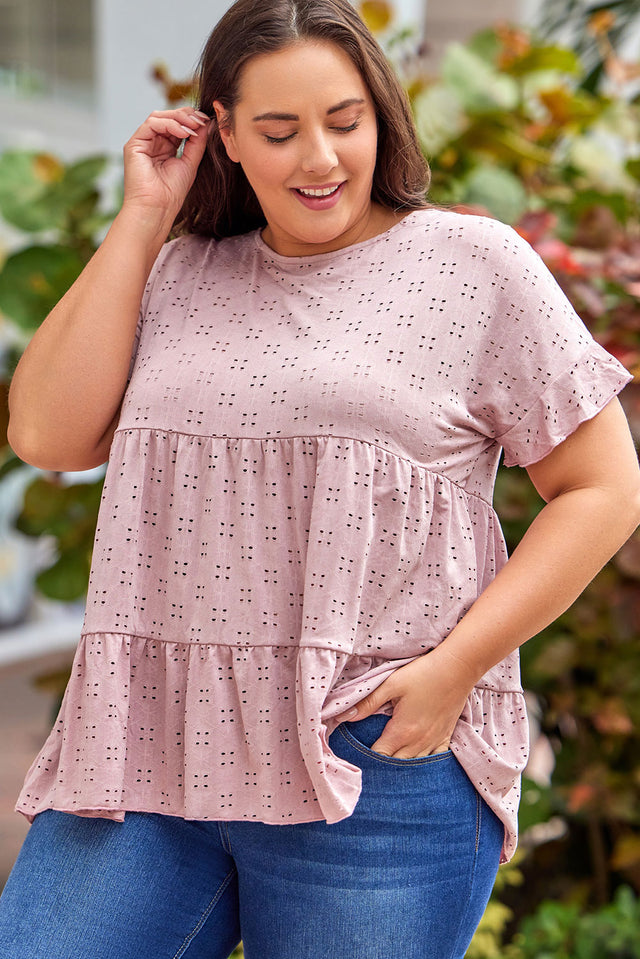 Plus Size Eyelet Round Neck Short Sleeve Blouse with Ruffled.