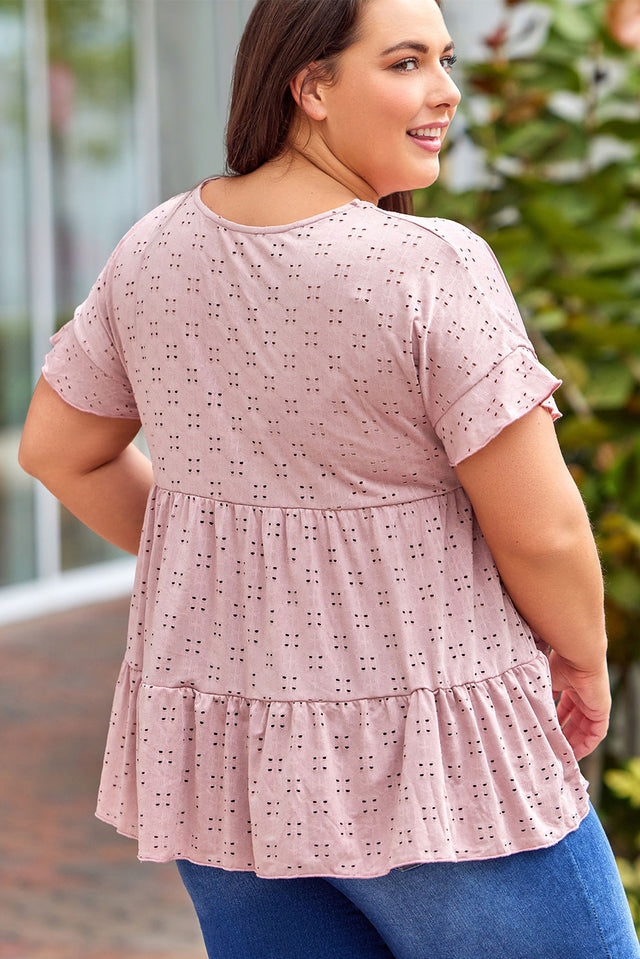Plus Size Eyelet Round Neck Short Sleeve Blouse with Ruffled.