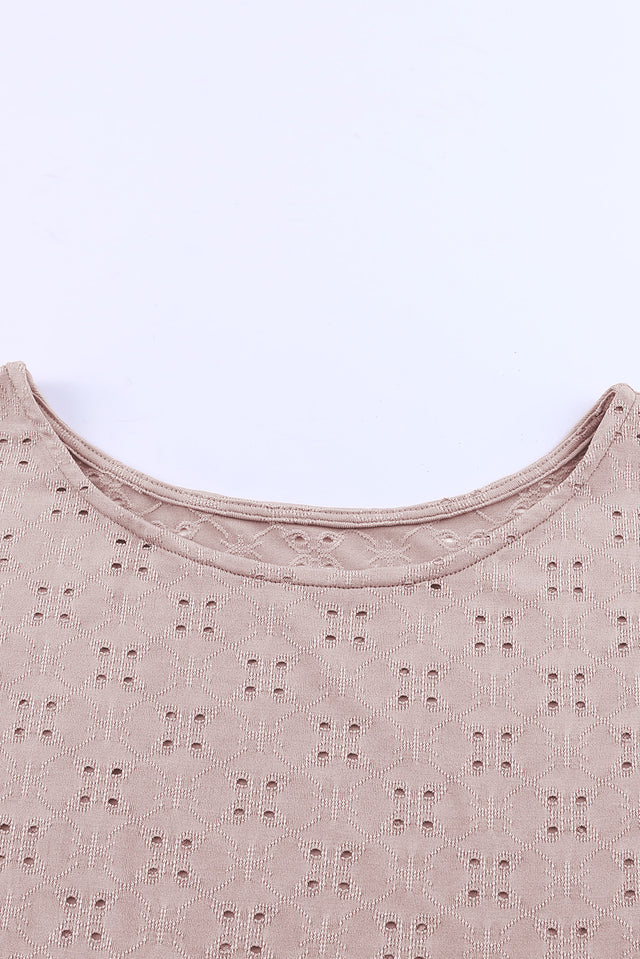 Plus Size Eyelet Round Neck Short Sleeve Blouse with Ruffled.