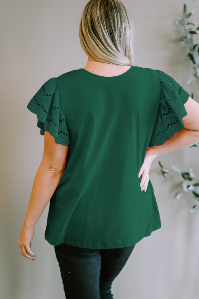Plus Size Eyelet Round Neck Short Sleeve Blouse.