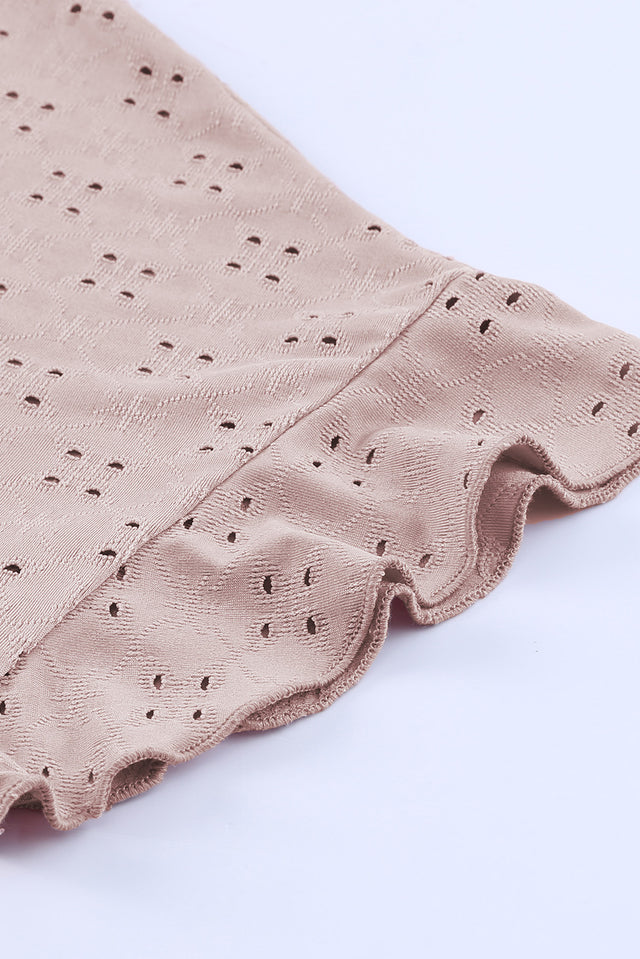 Plus Size Eyelet Round Neck Short Sleeve Blouse with Ruffled.