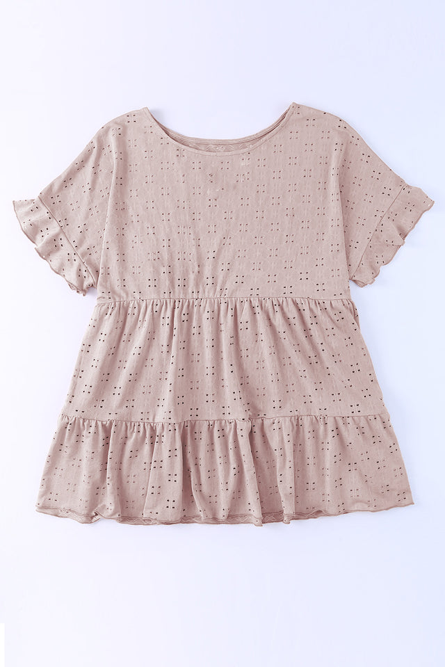 Plus Size Eyelet Round Neck Short Sleeve Blouse with Ruffled.