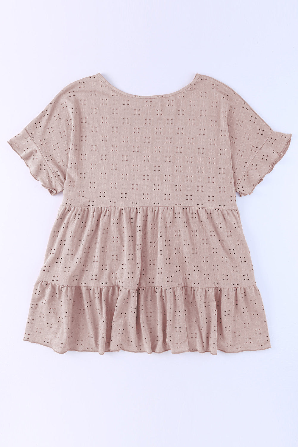 Plus Size Eyelet Round Neck Short Sleeve Blouse with Ruffled.