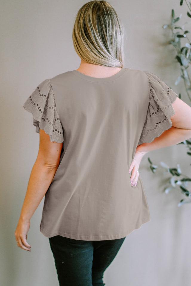 Plus Size Eyelet Round Neck Short Sleeve Blouse.