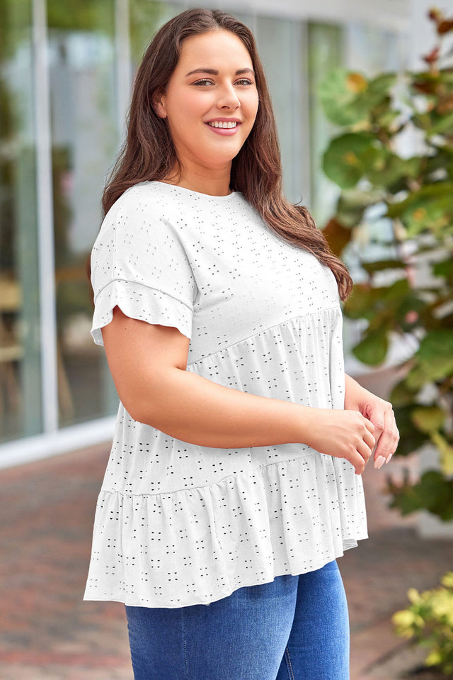 Plus Size Eyelet Round Neck Short Sleeve Blouse with Ruffled.