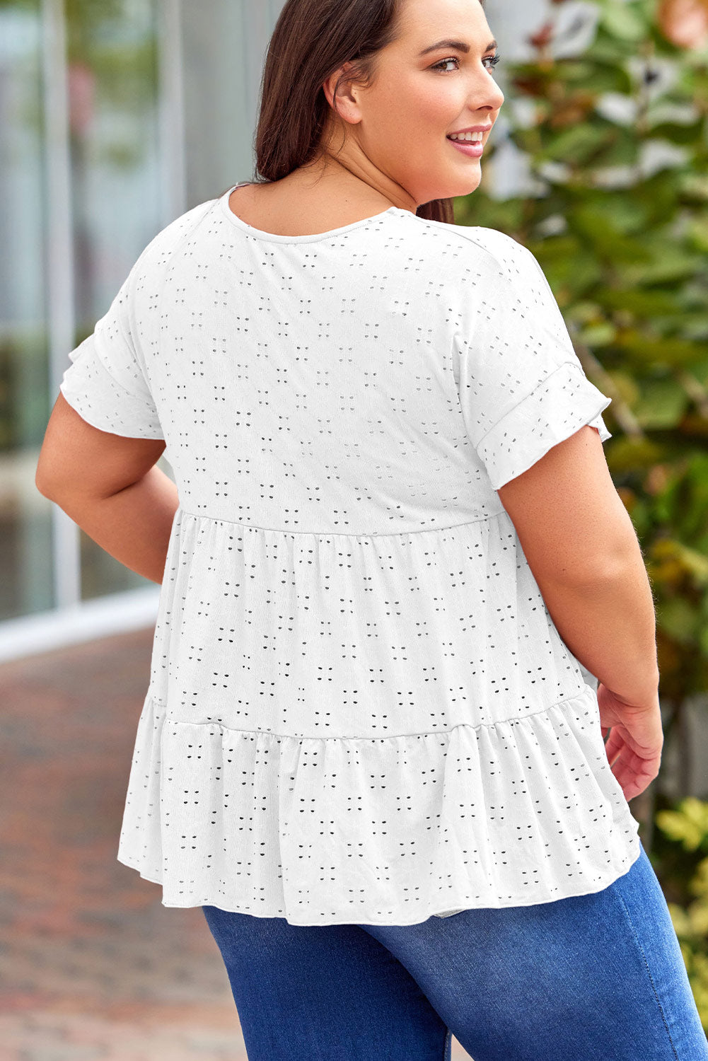 Plus Size Eyelet Round Neck Short Sleeve Blouse with Ruffled.