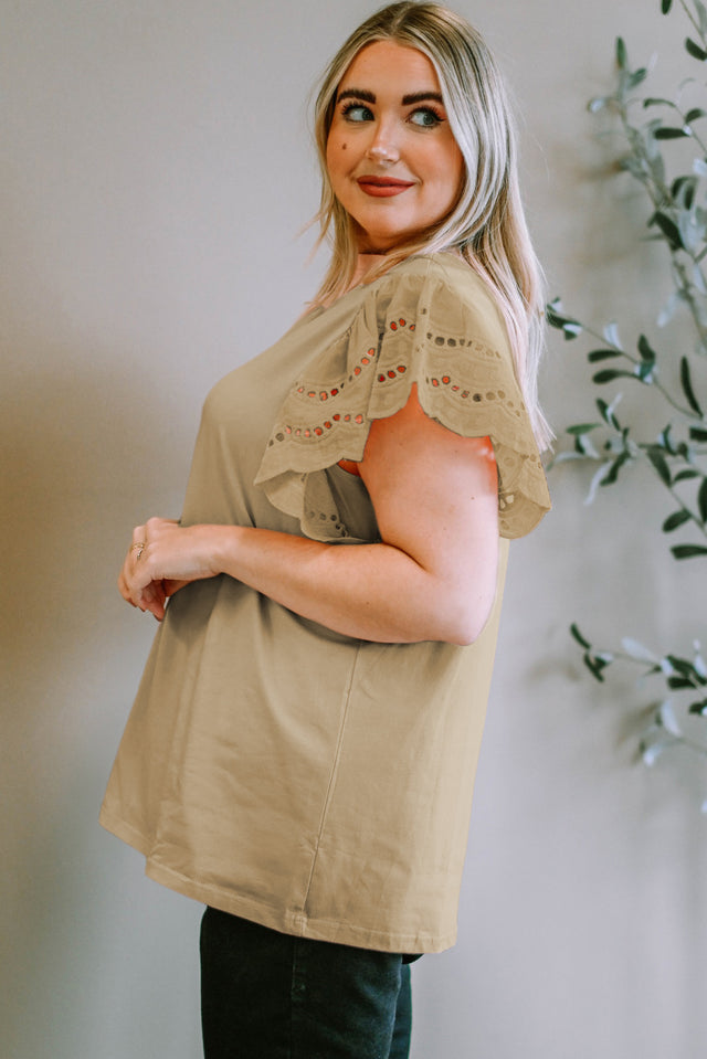 Plus Size Eyelet Round Neck Short Sleeve Blouse.