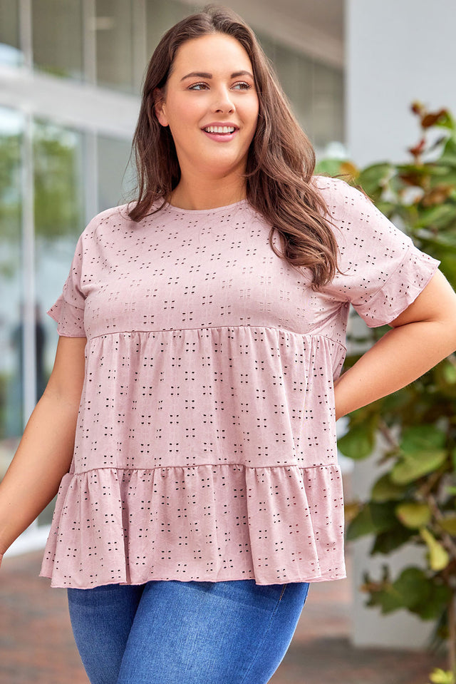 Plus Size Eyelet Round Neck Short Sleeve Blouse with Ruffled.
