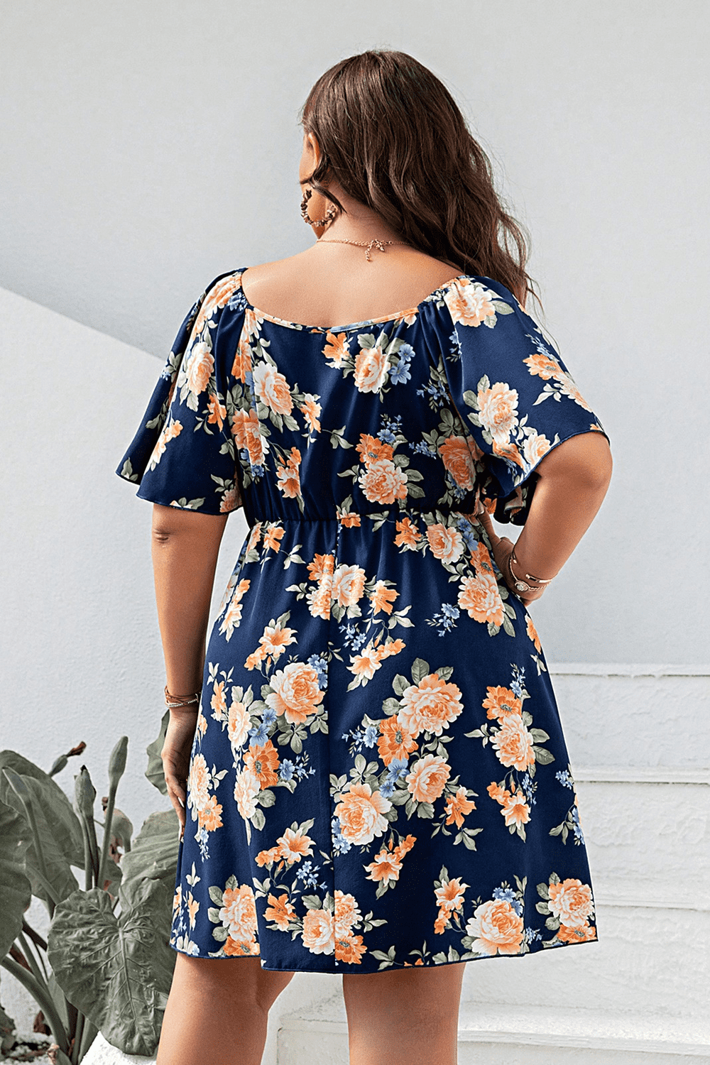 Plus Size Floral Print V-Neck Flutter Sleeve Mini Dress.