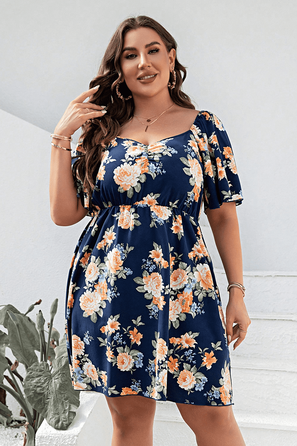 Plus Size Floral Print V-Neck Flutter Sleeve Mini Dress.
