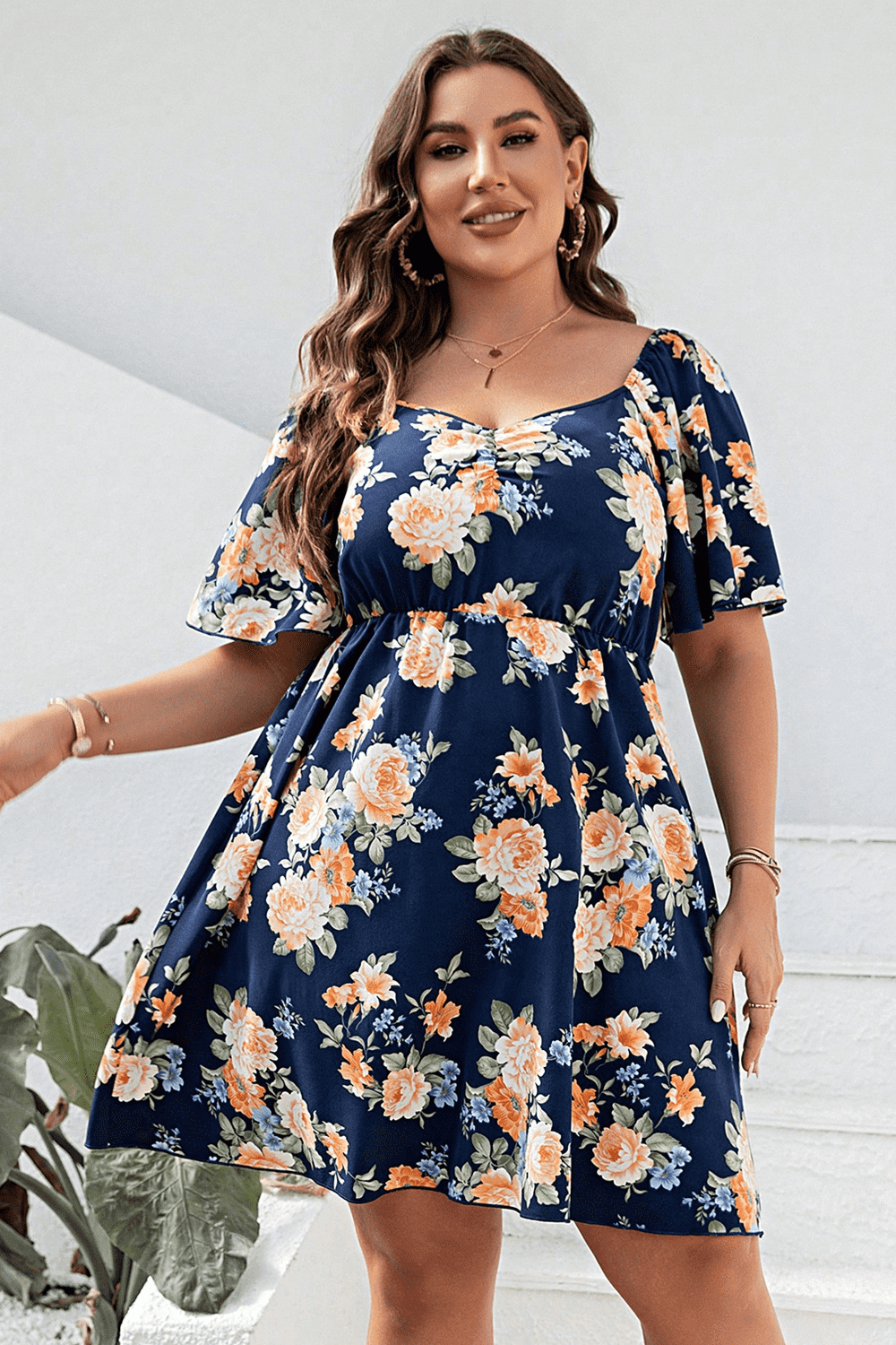 Plus Size Floral Print V-Neck Flutter Sleeve Mini Dress.