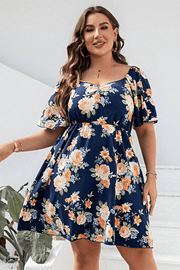 Plus Size Floral Print V-Neck Flutter Sleeve Mini Dress.