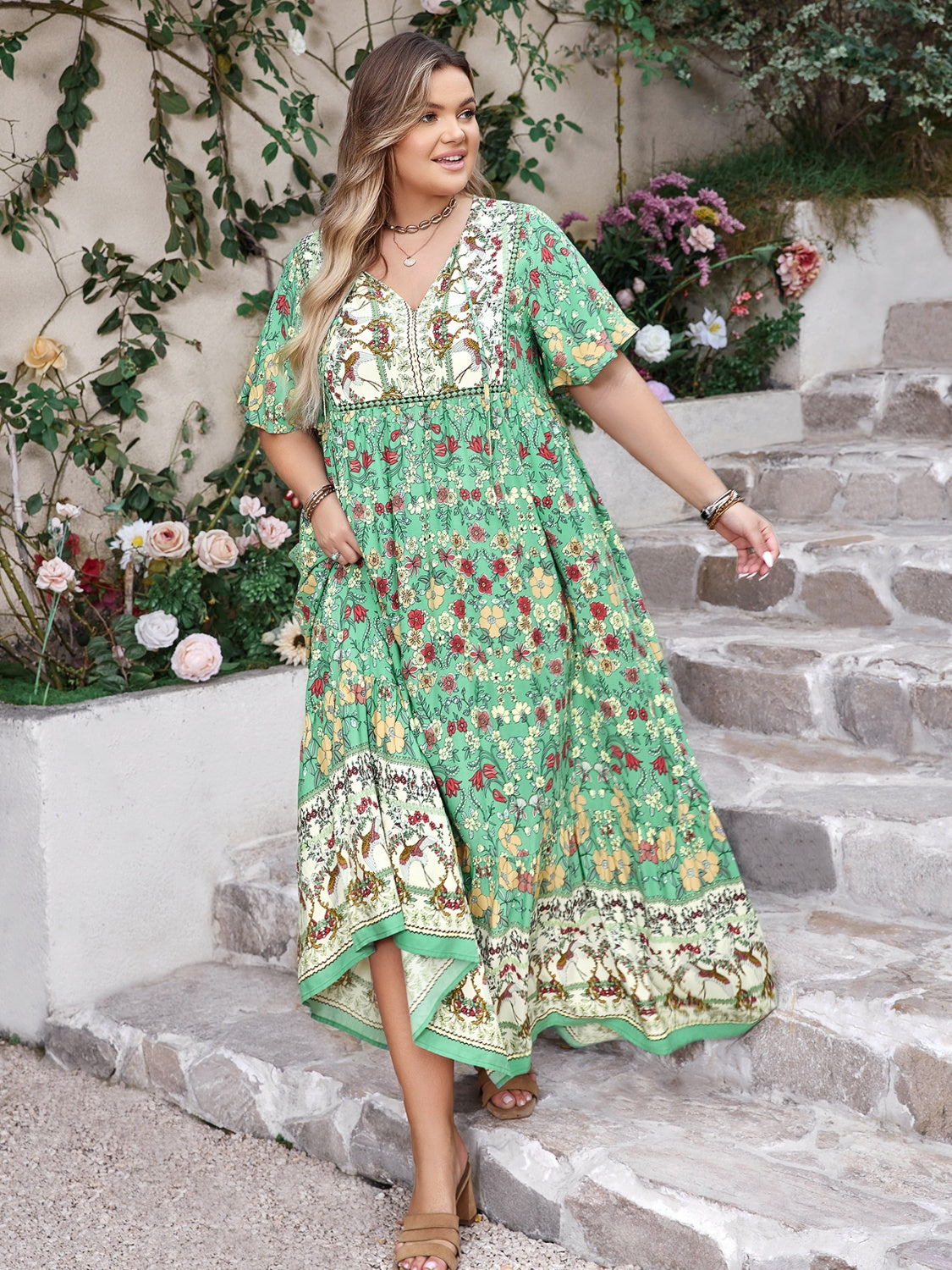 Plus Size Floral Tie Neck Flutter Sleeve Maxi Dress.