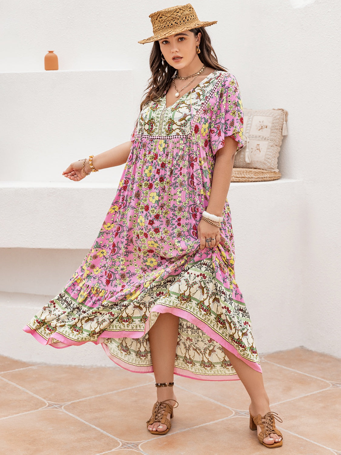 Plus Size Floral Tie Neck Flutter Sleeve Maxi Dress.