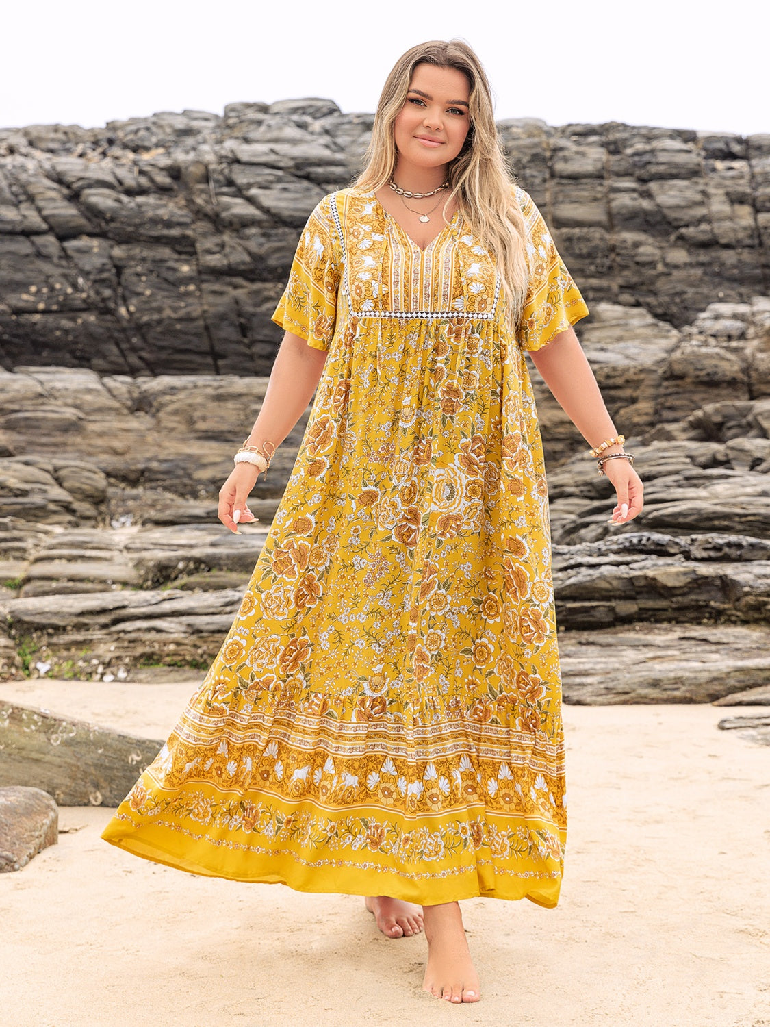 Plus Size Floral Tie Neck Flutter Sleeve Maxi Dress.
