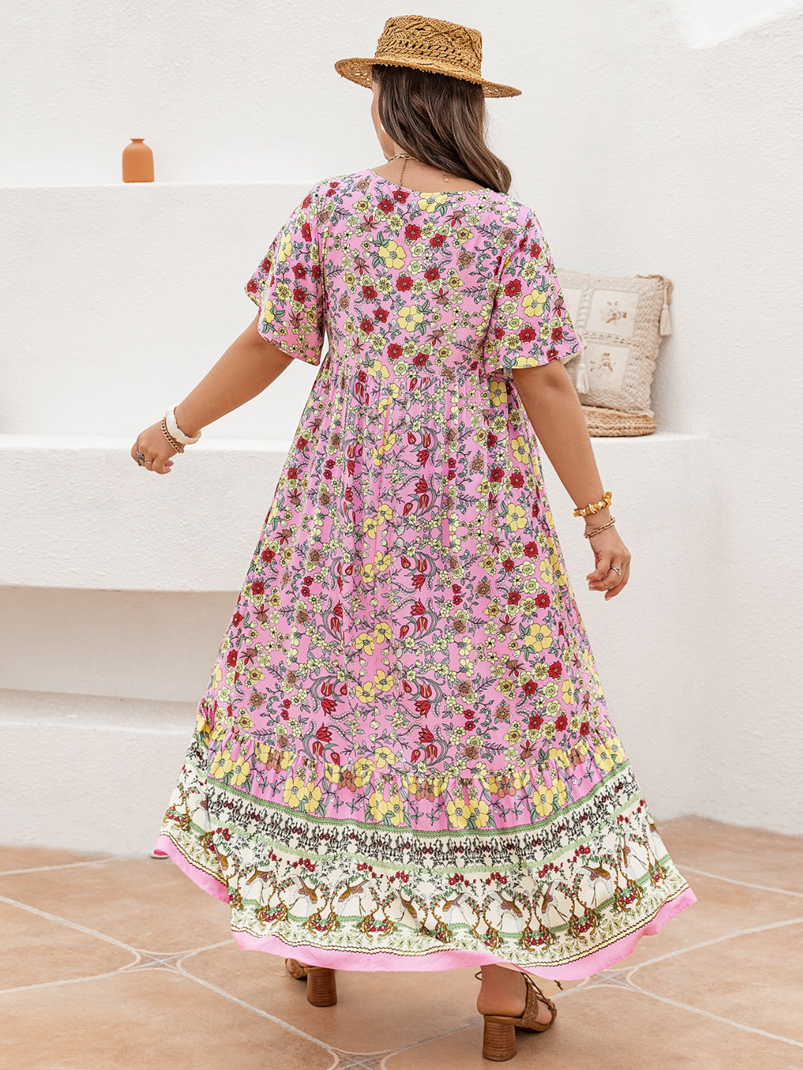 Plus Size Floral Tie Neck Flutter Sleeve Maxi Dress.