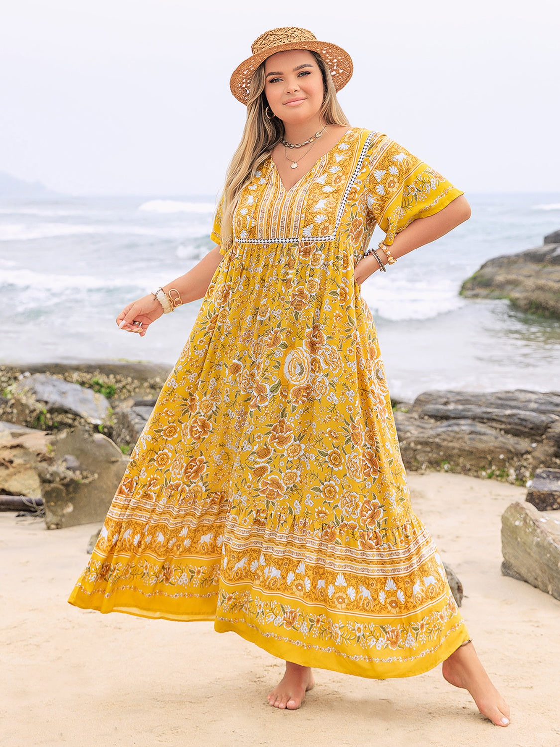 Plus Size Floral Tie Neck Flutter Sleeve Maxi Dress.