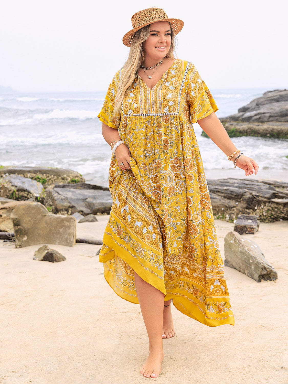 Plus Size Floral Tie Neck Flutter Sleeve Maxi Dress.