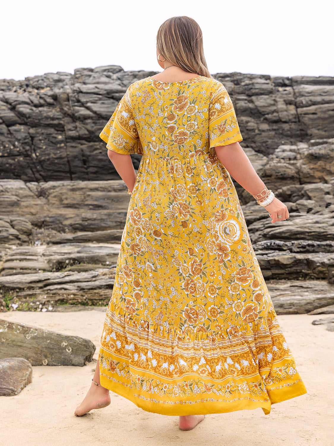 Plus Size Floral Tie Neck Flutter Sleeve Maxi Dress.