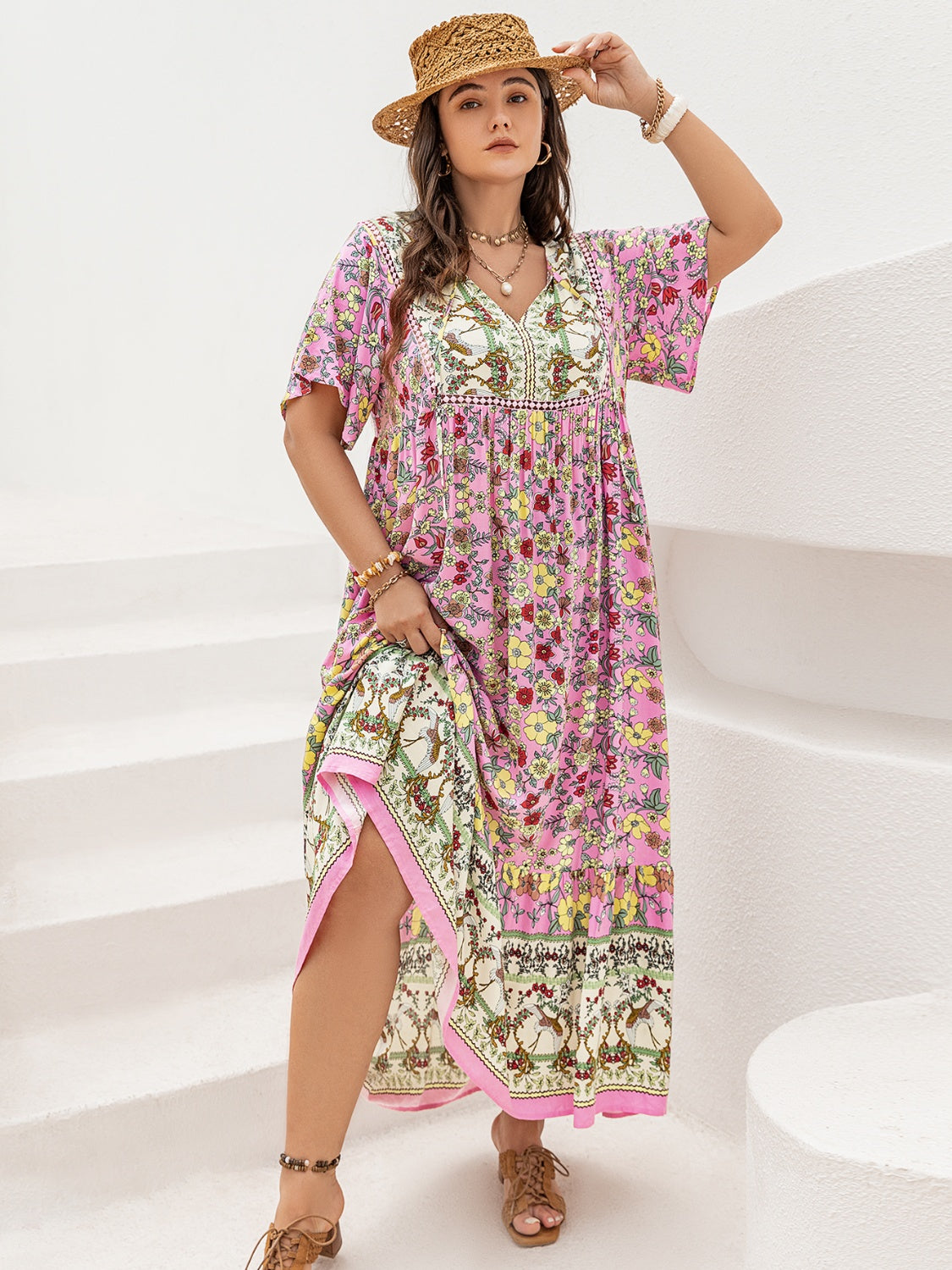 Plus Size Floral Tie Neck Flutter Sleeve Maxi Dress.