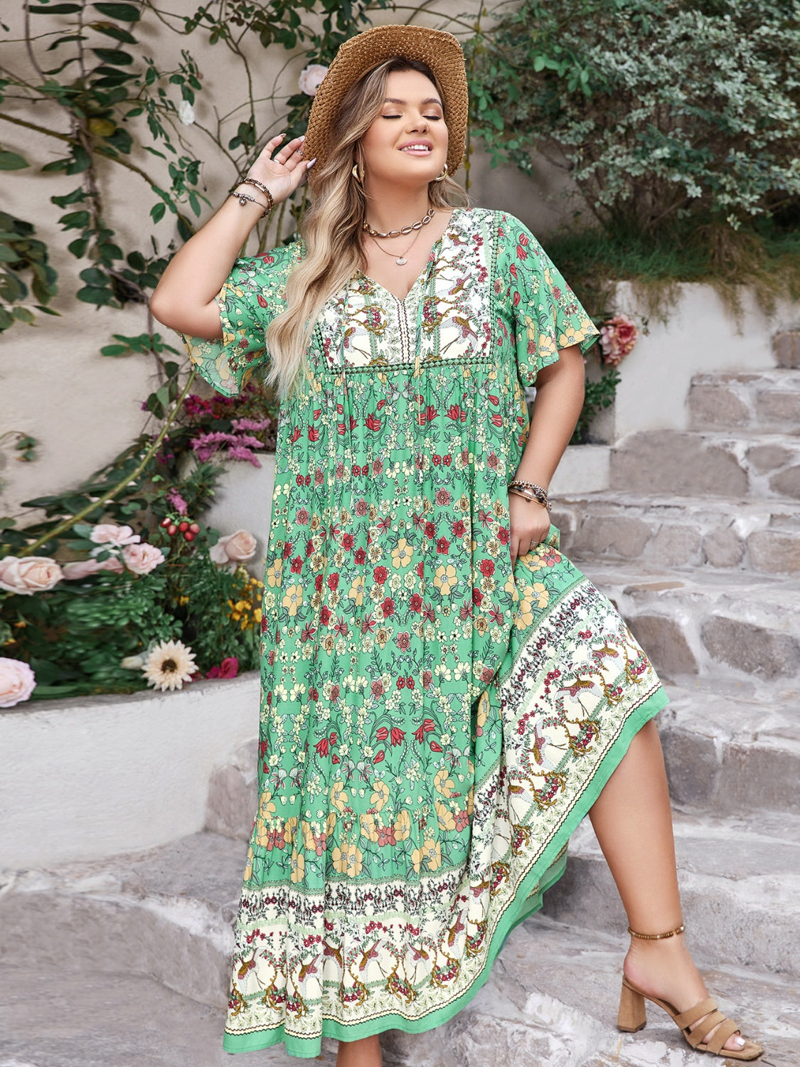 Plus Size Floral Tie Neck Flutter Sleeve Maxi Dress.