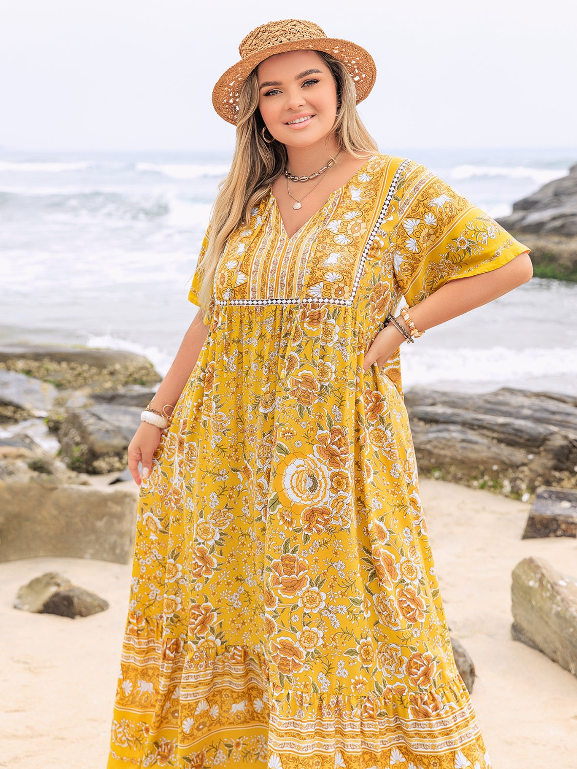 Plus Size Floral Tie Neck Flutter Sleeve Maxi Dress.