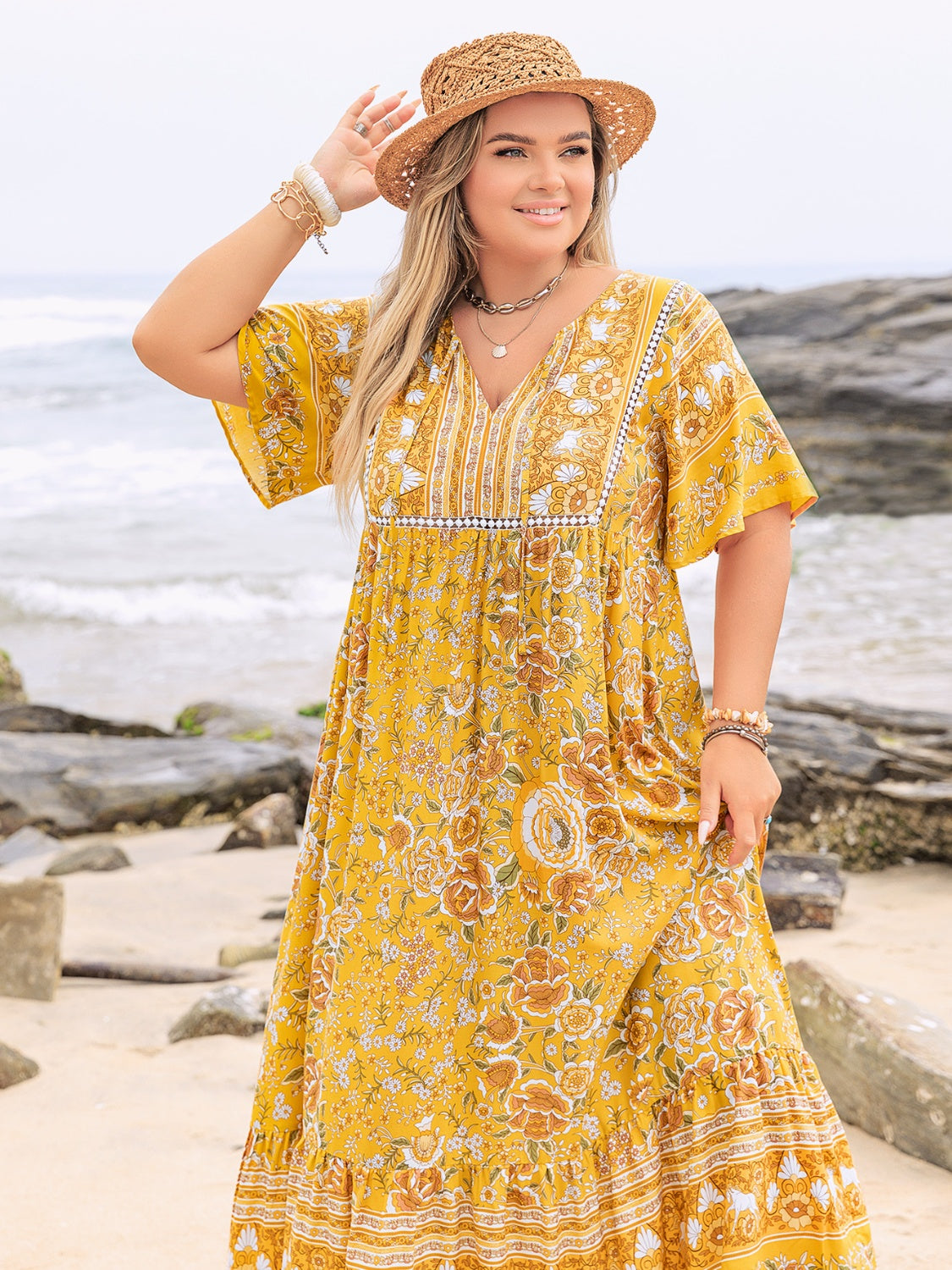 Plus Size Floral Tie Neck Flutter Sleeve Maxi Dress.