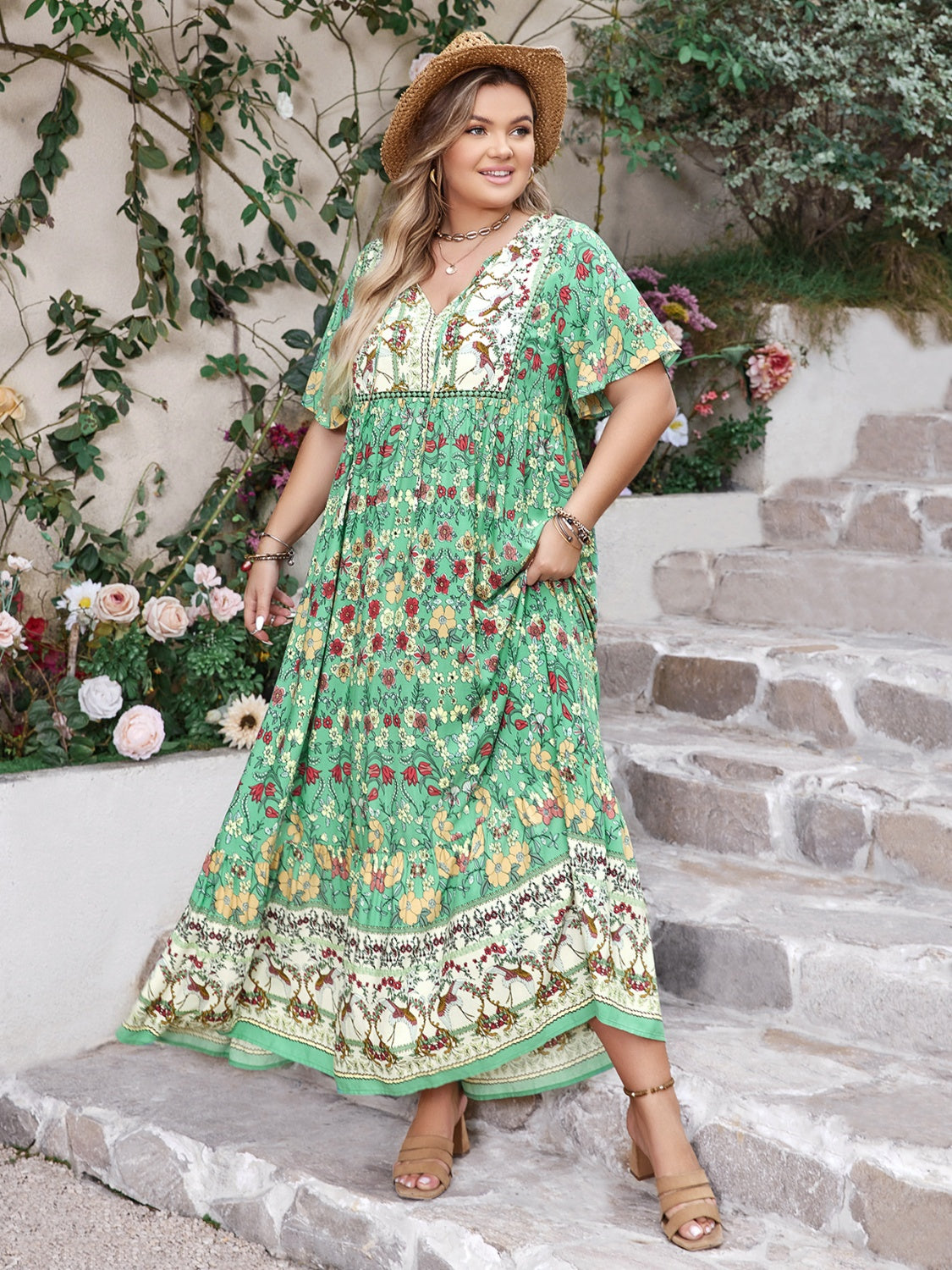 Plus Size Floral Tie Neck Flutter Sleeve Maxi Dress.