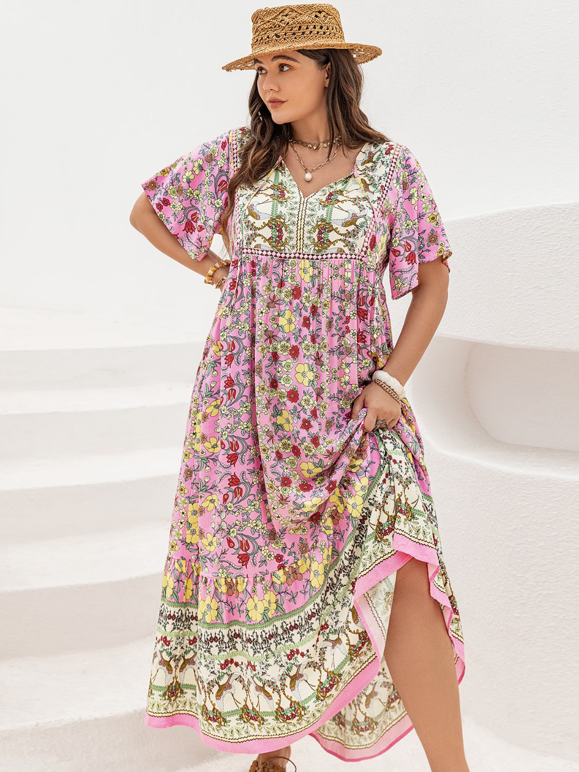 Plus Size Floral Tie Neck Flutter Sleeve Maxi Dress.