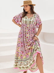 Plus Size Floral Tie Neck Flutter Sleeve Maxi Dress.