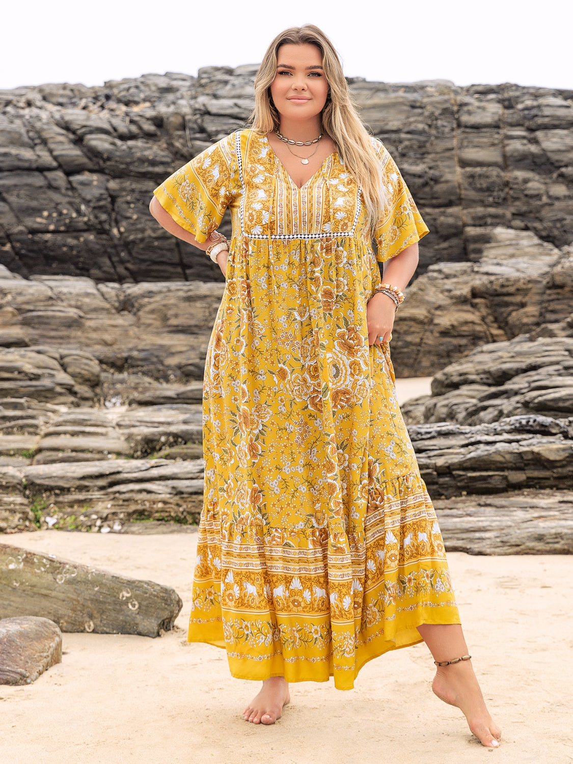 Plus Size Floral Tie Neck Flutter Sleeve Maxi Dress.