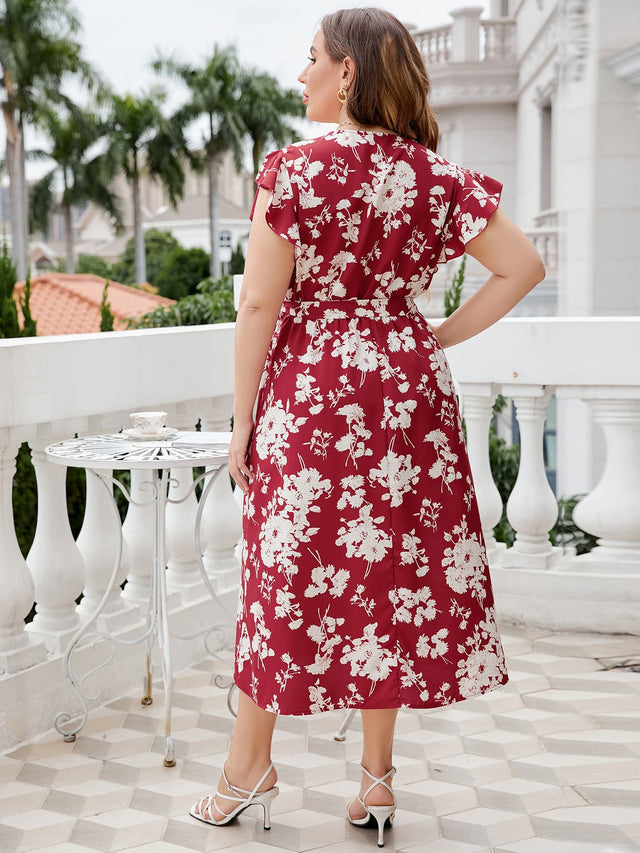 Honey Plus Size Floral Tie Waist Surplice Neck Midi Dress.