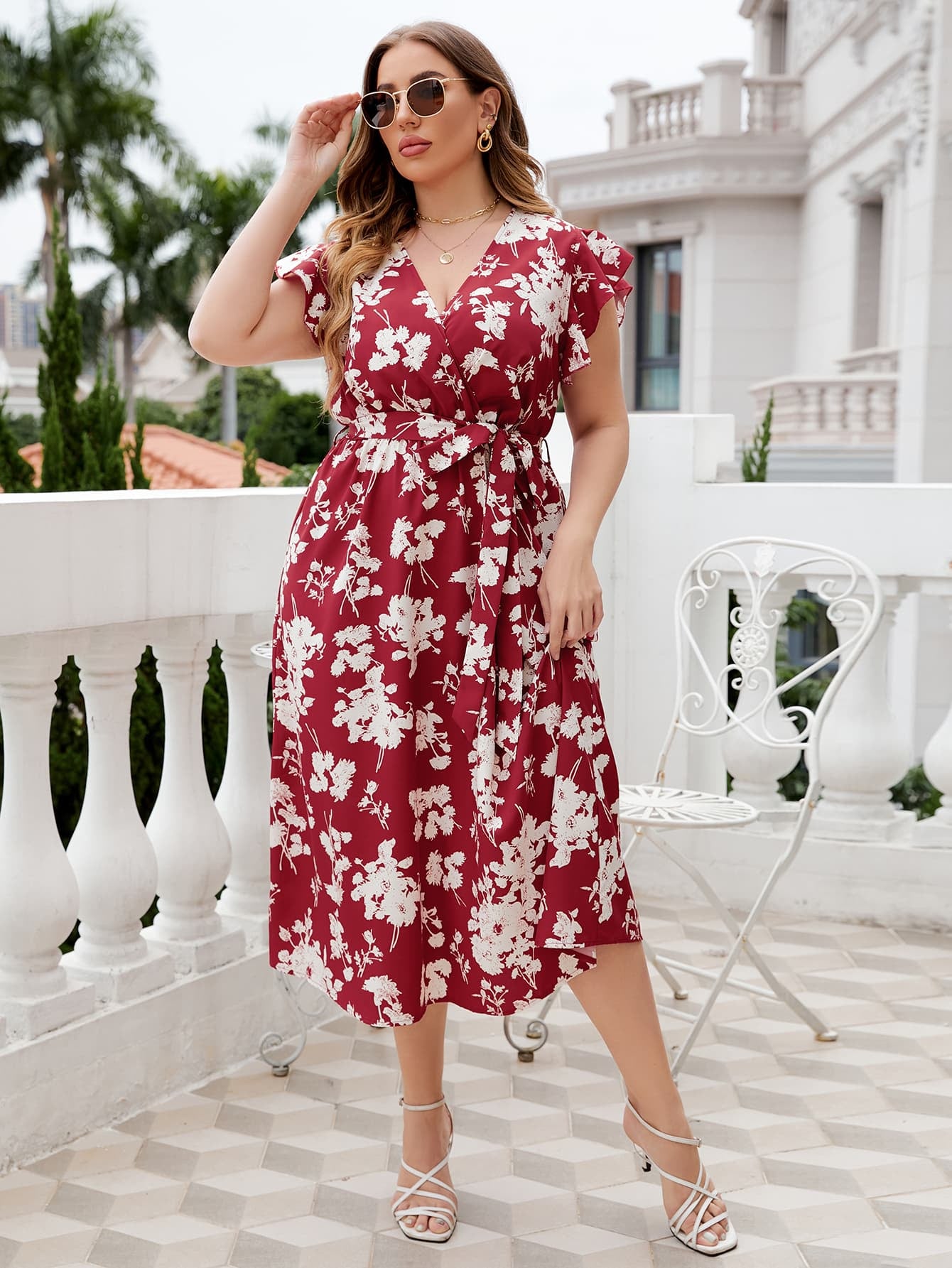 Honey Plus Size Floral Tie Waist Surplice Neck Midi Dress.