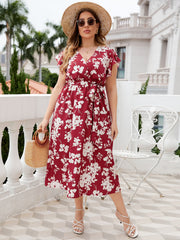 Honey Plus Size Floral Tie Waist Surplice Neck Midi Dress.