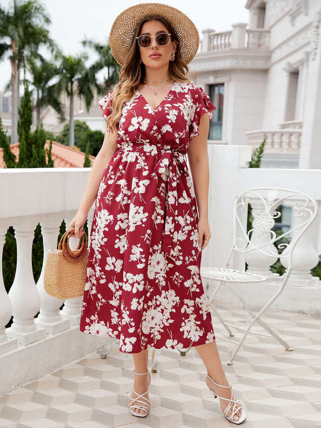 Honey Plus Size Floral Tie Waist Surplice Neck Midi Dress.