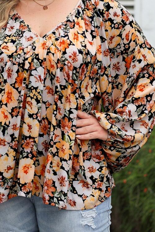 Plus Size Floral V-Neck Balloon Sleeve Blouse.