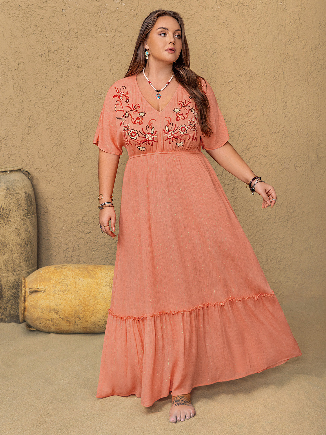 Plus Size Frill Embroidered V-Neck Half Sleeve Maxi Dress.