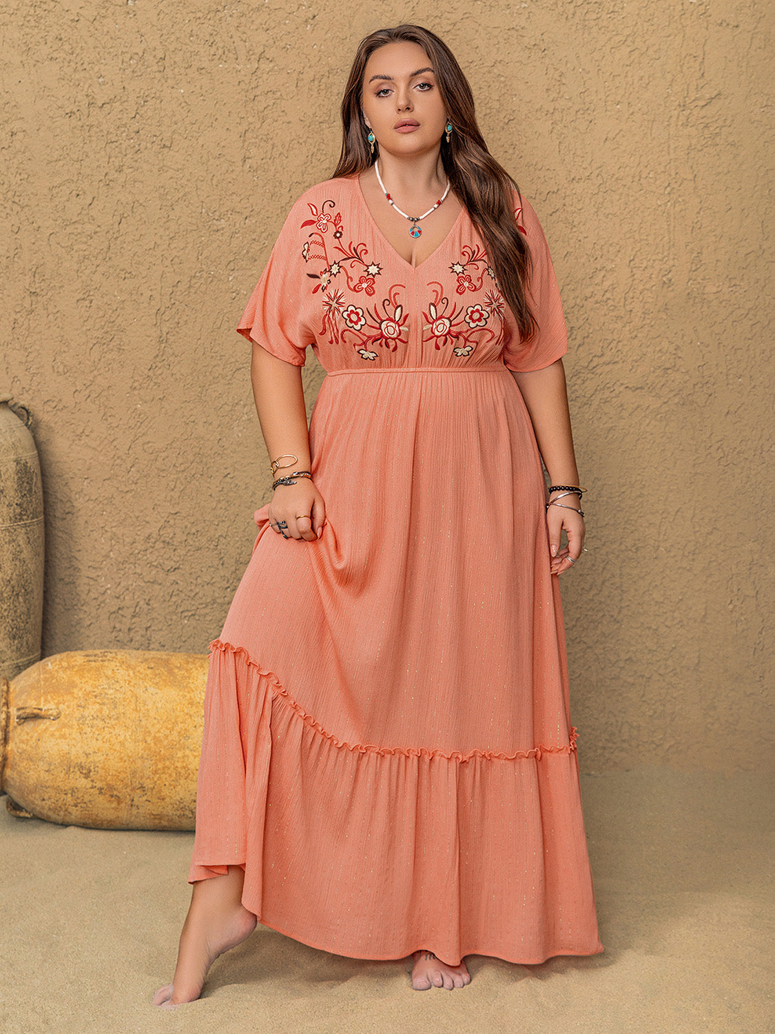 Plus Size Frill Embroidered V-Neck Half Sleeve Maxi Dress.