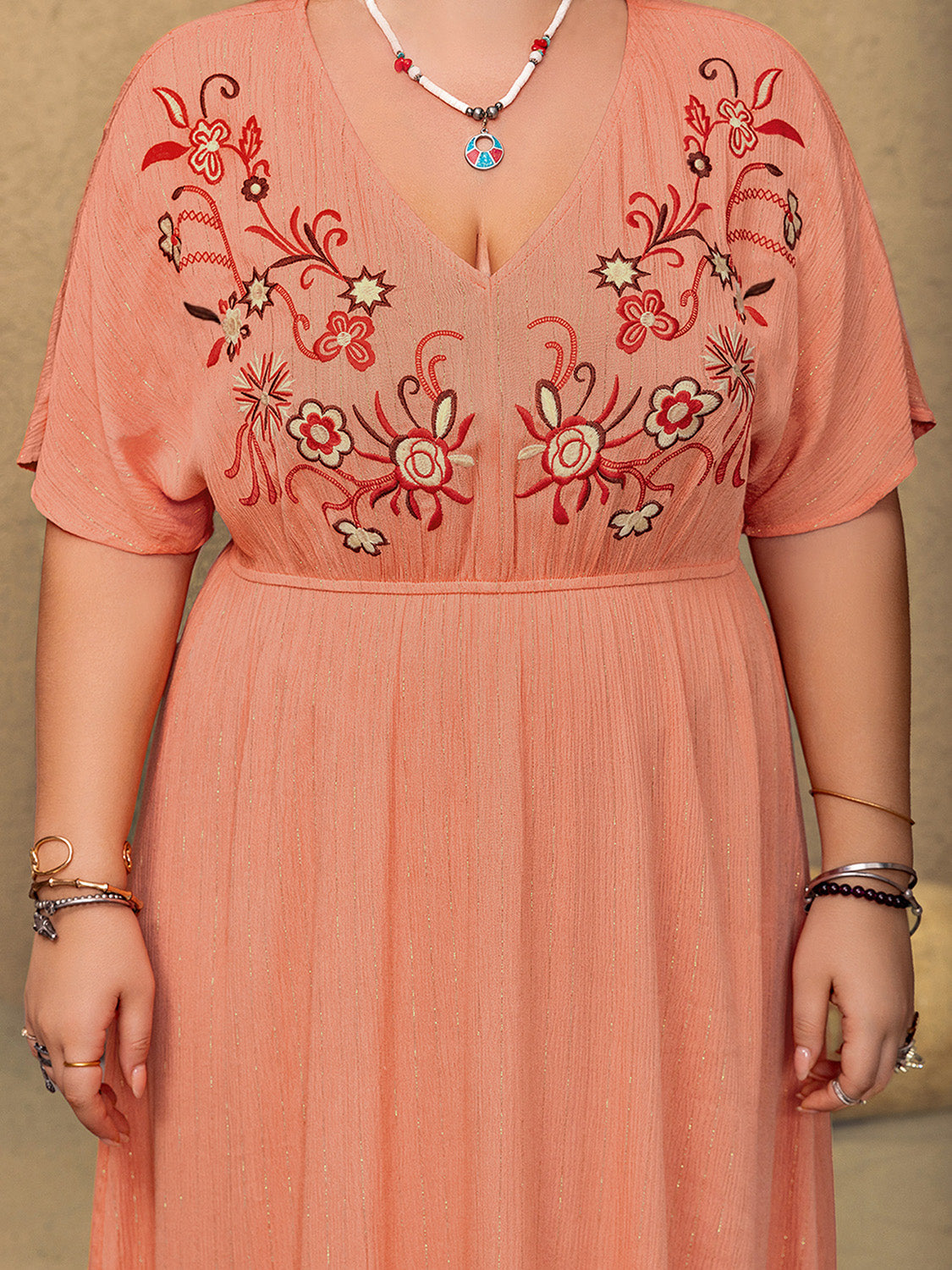 Plus Size Frill Embroidered V-Neck Half Sleeve Maxi Dress.