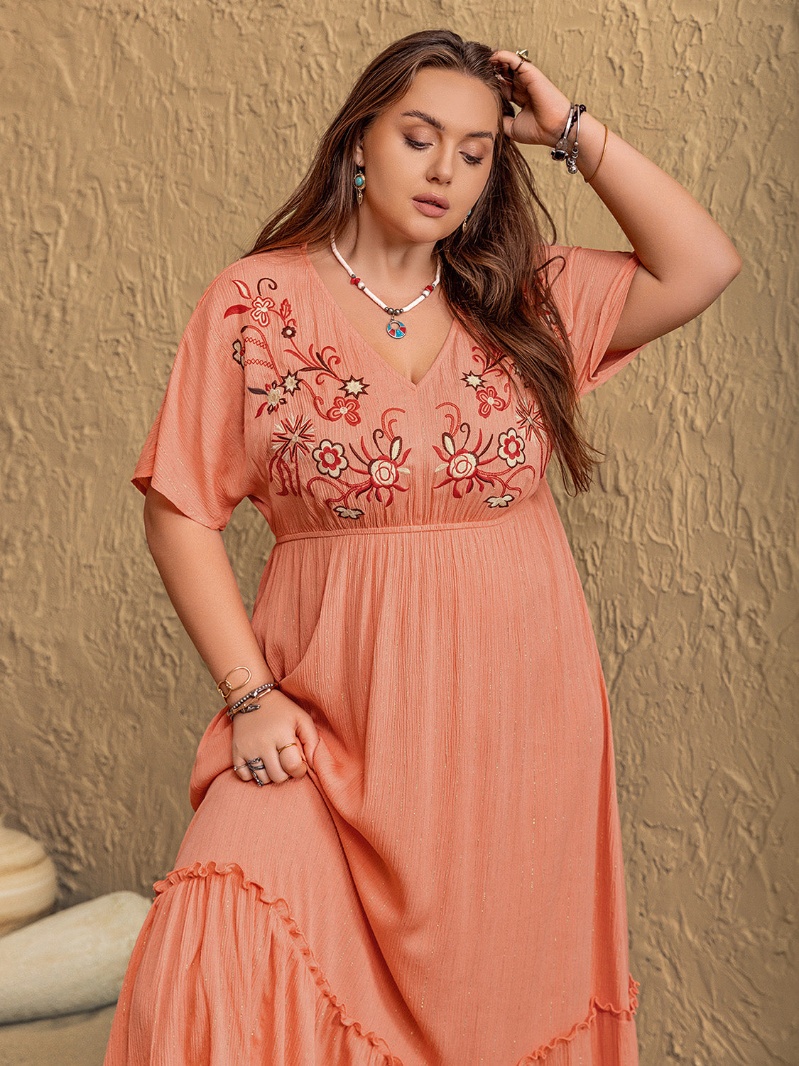 Plus Size Frill Embroidered V-Neck Half Sleeve Maxi Dress.