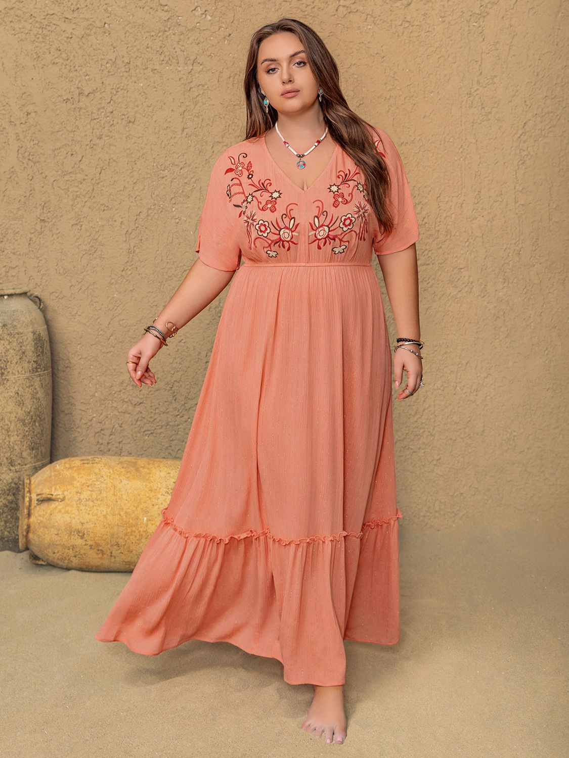 Plus Size Frill Embroidered V-Neck Half Sleeve Maxi Dress.