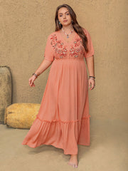Plus Size Frill Embroidered V-Neck Half Sleeve Maxi Dress.