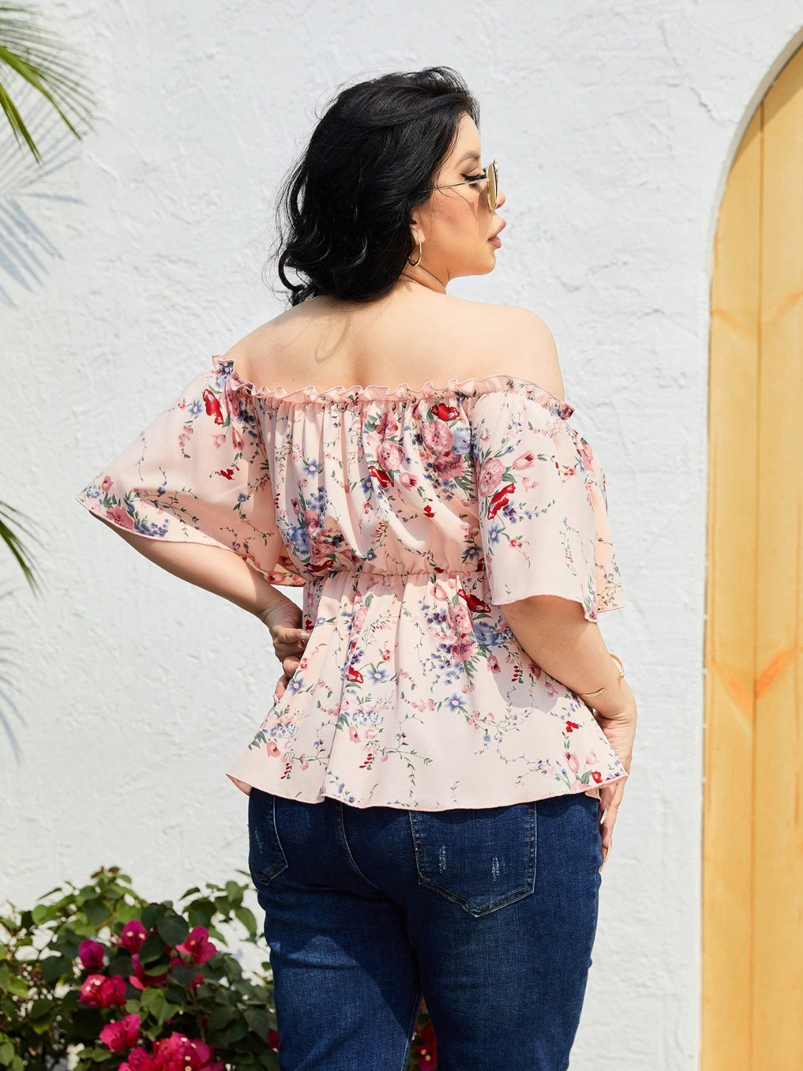 Plus Size Frill Printed Flutter Sleeve Blouse.